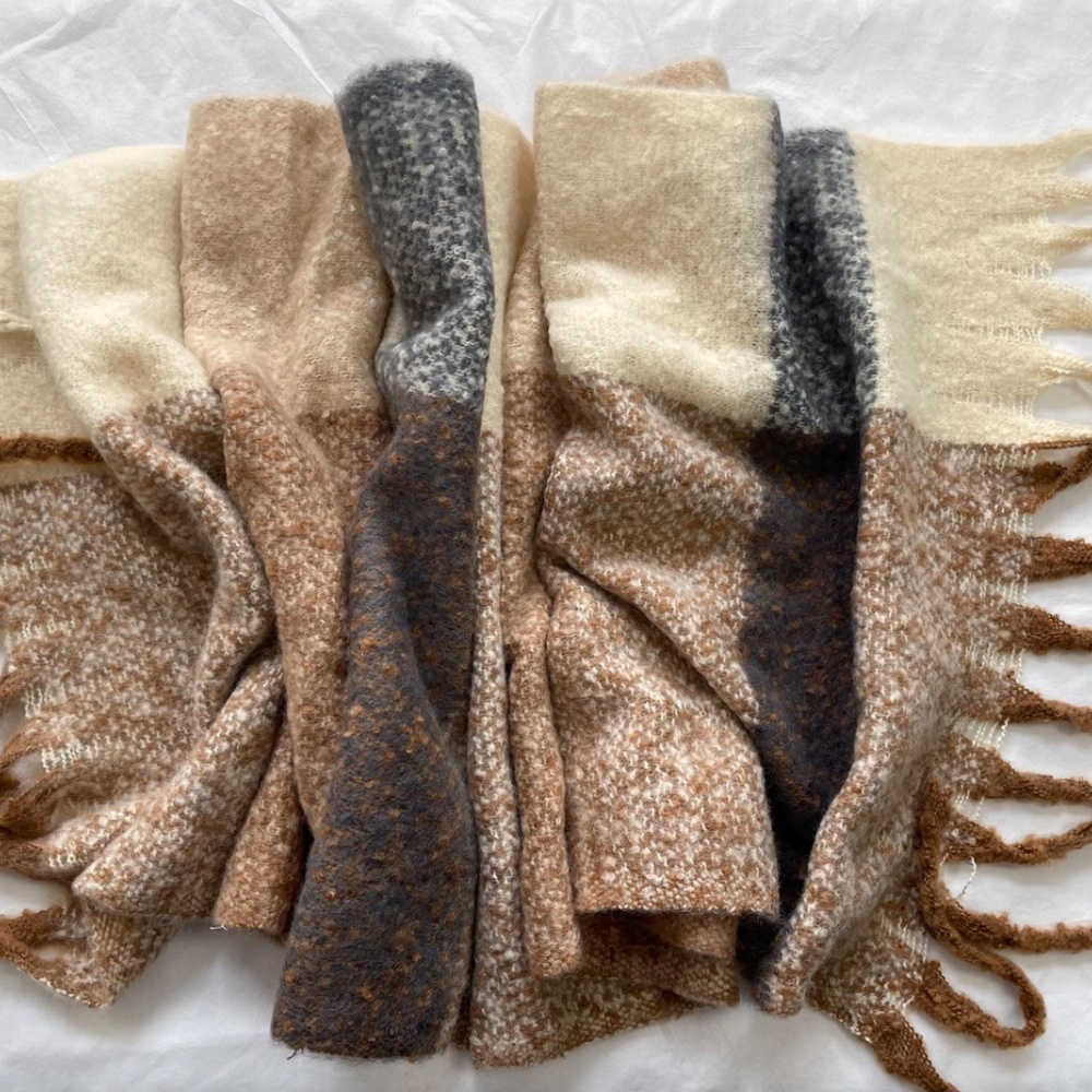 Scarf, Beige Gray Large Wool Shawl, Wrap, Plaid,  Winter Accessories NEW